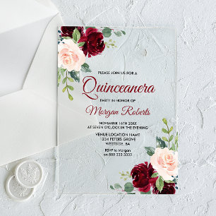 Invitations En Acrylique Quinceanera Florale Bourguignon Classique & Blush