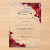 Invitations En Acrylique Quinceanera florale en argent rouge clair acryliqu (Recto)