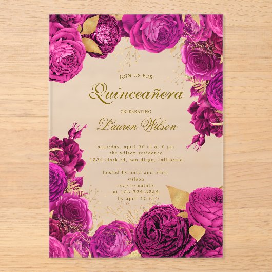 Invitations En Acrylique Quinceanera florale exclusive rose chaud (Recto)