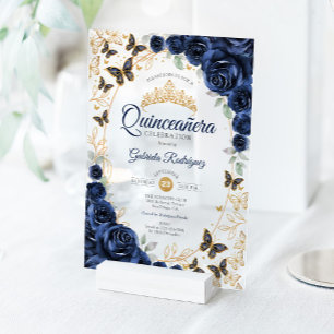 Invitations En Acrylique Quinceanera Florale Or Navy