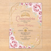 Invitations En Acrylique Quinceanera Florale Or Rose (Recto)