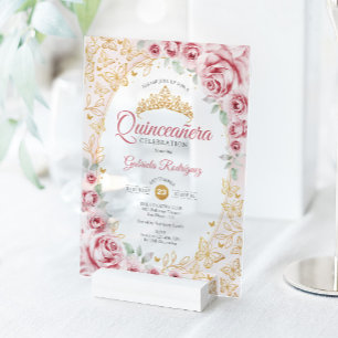 Invitations En Acrylique Quinceanera Florale Or Rose Gold