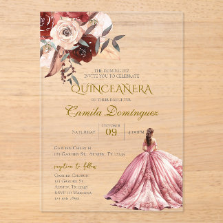 Invitations En Acrylique Quinceanera Florale Rose