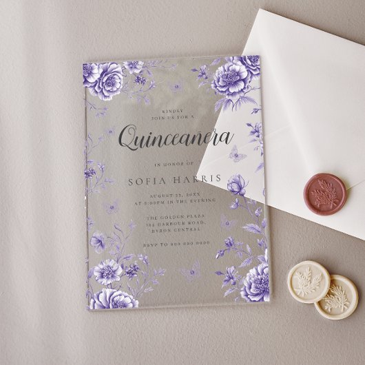 Invitations En Acrylique Quinceanera florale violette enchantée 15e anniver
