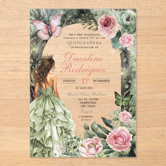 Invitations En Acrylique Quinceanera, forêt lunaire rose et vert sage (Recto)