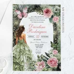 Invitations En Acrylique Quinceanera, forêt lunaire rose et vert sage