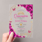 Invitations En Acrylique Quinceanera Fuchsia Pink Gold Floral (In situ (ordinateur de poche))