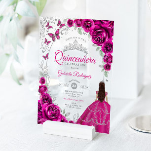 Invitations En Acrylique Quinceanera Fuchsia Rose Argent Floral
