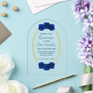 Invitations En Acrylique Quinceañera géométrique bleu royal et or