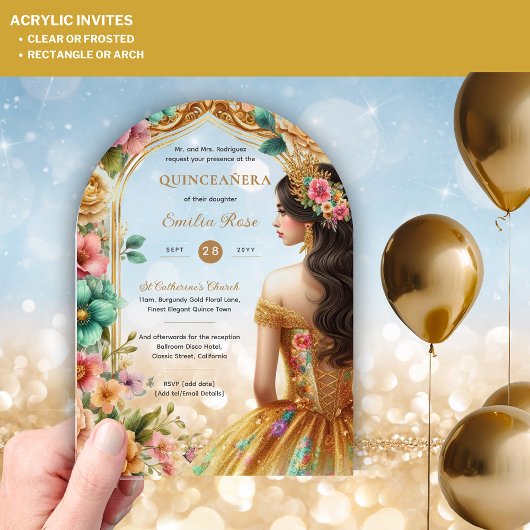 Invitations En Acrylique Quinceañera Gold Rose Vert Rose robe coing