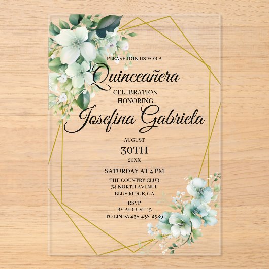 Invitations En Acrylique Quinceanera green floral (Recto)