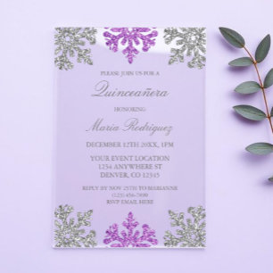 Invitations En Acrylique Quinceanera hivernale Silver violet