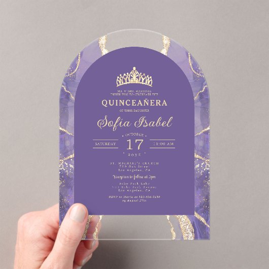 Invitations En Acrylique Quinceañera Lavender Purple Or Agate Élégant (In situ (ordinateur de poche))