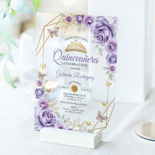 Invitations En Acrylique Quinceanera Lilac Floral pourpre