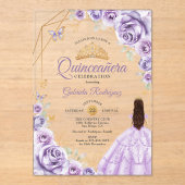 Invitations En Acrylique Quinceanera Lilac Robe pourpre Robe Florale Or (Recto)