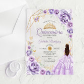 Invitations En Acrylique Quinceanera Lilac Robe pourpre Robe Florale Or