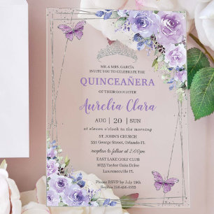 Invitations En Acrylique Quinceañera lilas violets papillons argent