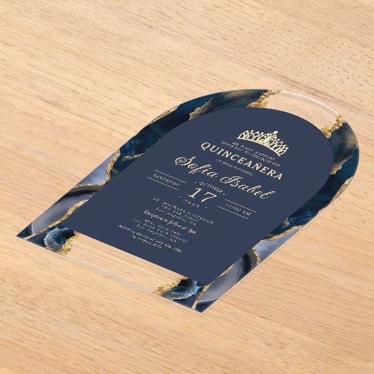 Invitations En Acrylique Quinceañera Marine Bleu Or Agate Élégant (Poser)