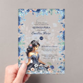 Invitations En Acrylique Quinceañera Marine Blue Peach Silver Robe Fleurs (In situ (ordinateur de poche))