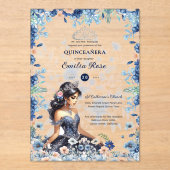 Invitations En Acrylique Quinceañera Marine Blue Peach Silver Robe Fleurs (Recto)