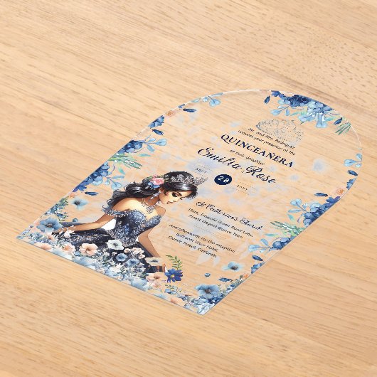 Invitations En Acrylique Quinceañera Marine Blue Peach Silver Robe Fleurs (Poser)