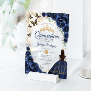 Invitations En Acrylique Quinceanera Navy Or Rose Gold Floral