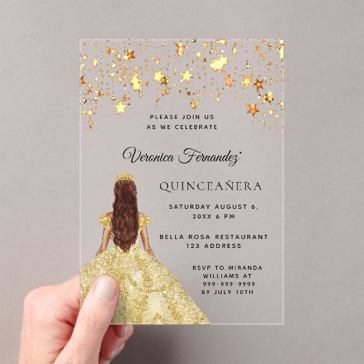 Invitations En Acrylique Quinceanera or étoiles robe claire (In situ (ordinateur de poche))