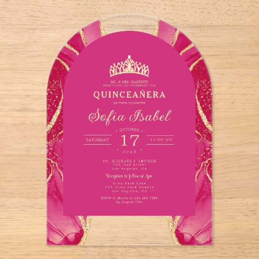 Invitations En Acrylique Quinceañera Or rose Agate Élégant (Recto)