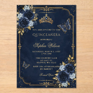 Invitations En Acrylique Quinceañera Papillon Floral Or Navy