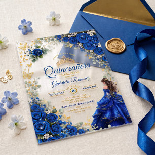 Invitations En Acrylique Quinceañera Papillons Dorés Bleu Royal