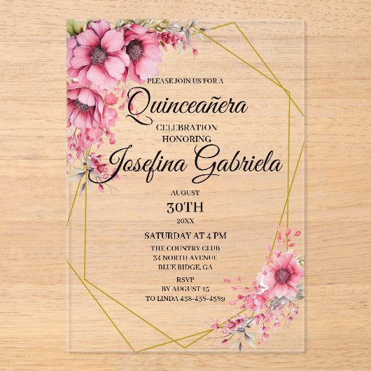 Invitations En Acrylique Quinceanera pink floral (Recto)