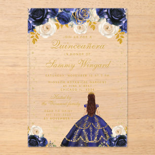 Invitations En Acrylique Quinceañera princesse florale bleu marine