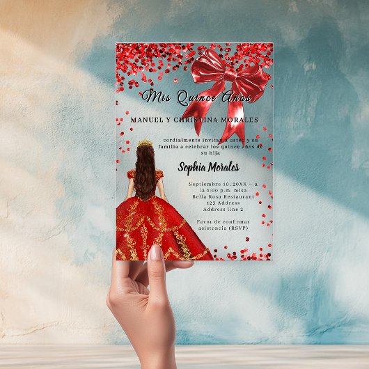 Invitations En Acrylique Quinceanera red dress bow clear