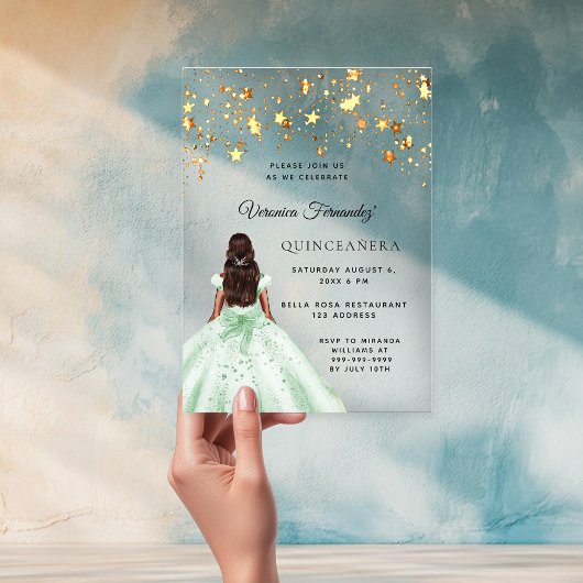 Invitations En Acrylique Quinceanera robe or vert étoiles clair