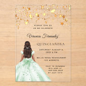 Invitations En Acrylique Quinceanera robe or vert étoiles clair (Recto)