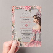 Invitations En Acrylique Quinceañera Robe Rose rose blanche en argent (In situ (ordinateur de poche))