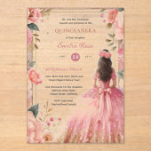 Invitations En Acrylique Quinceañera Robe Rose rose blanche en argent (Recto)