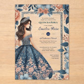 Invitations En Acrylique Quinceañera Rose bleu or robe Fleurs (Recto)