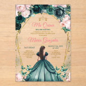 Invitations En Acrylique Quinceañera rose Emerald Green Couronne or Floral (Recto)
