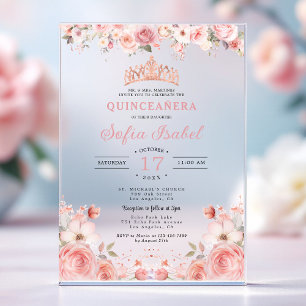 Invitations En Acrylique Quinceañera Rose Floral Rose Clair