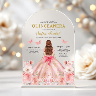 Invitations En Acrylique Quinceañera Rose Florale Papillon Rose Pâle