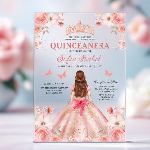 Invitations En Acrylique Quinceañera Rose Florale Papillon Rose Pâle
