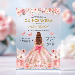 Invitations En Acrylique Quinceañera Rose Florale Papillon Rose Pâle