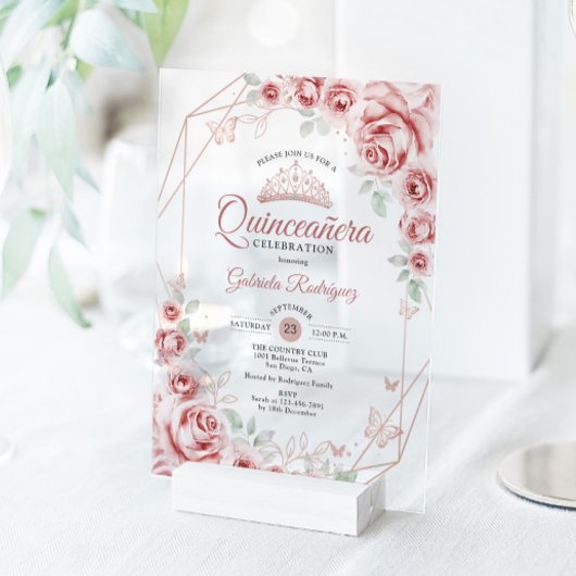 Invitations En Acrylique Quinceanera Rose Gold Pink Floral