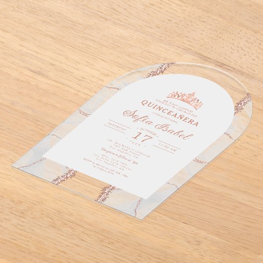 Invitations En Acrylique Quinceañera Rose Or Blanc Agate Élégant (Poser)