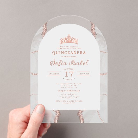 Invitations En Acrylique Quinceañera Rose Or Blanc Agate Élégant (In situ (ordinateur de poche))