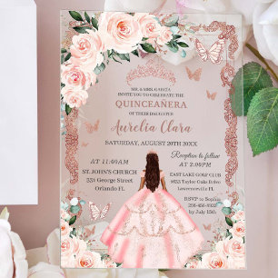 Invitations En Acrylique Quinceañera Rose Pâle Florale Rose Gold Princesse