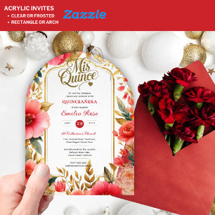 Invitations En Acrylique Quinceañera Rouge Or Mes Quince Roses Fleurs