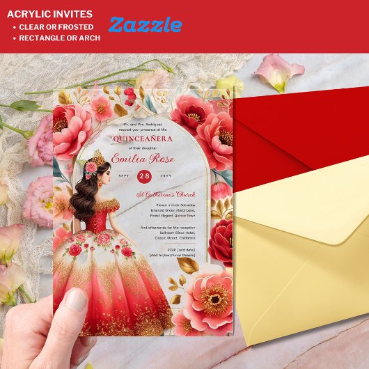 Invitations En Acrylique Quinceañera Rouge Or Mis Quince Fleurs de robe
