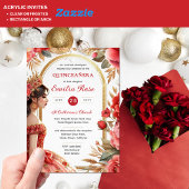 Invitations En Acrylique Quinceañera Rouge Or Mis Quince Fleurs de robe